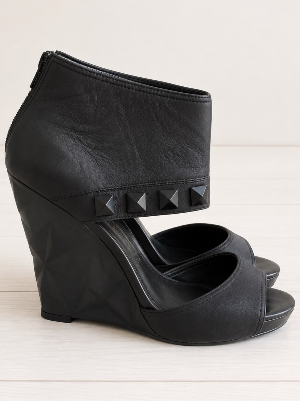 $450 ASH Black Studded Ankle cuff Peep-Toe Wedge Platform Sandals US9 EU40